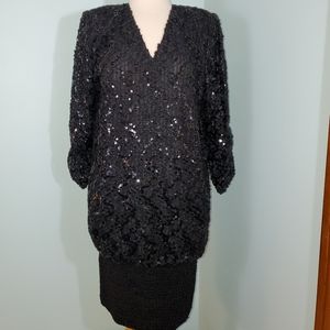 VTG 1980s Siasia NY Sequin Black Dress V-neck Evening Cocktail Holiday